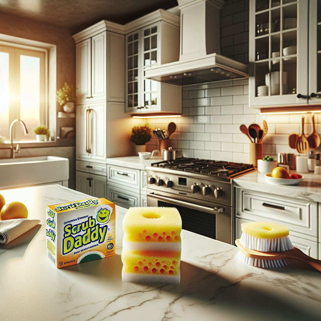 Scrub Daddy products on a kitchen table showcasing the sponge, and other cleaning accessories.
